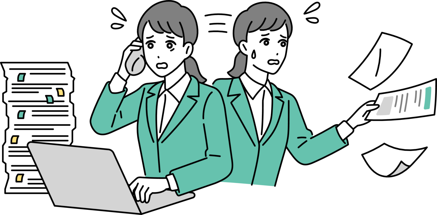 電話と書類の対応に追われる女性スタッフのイラスト