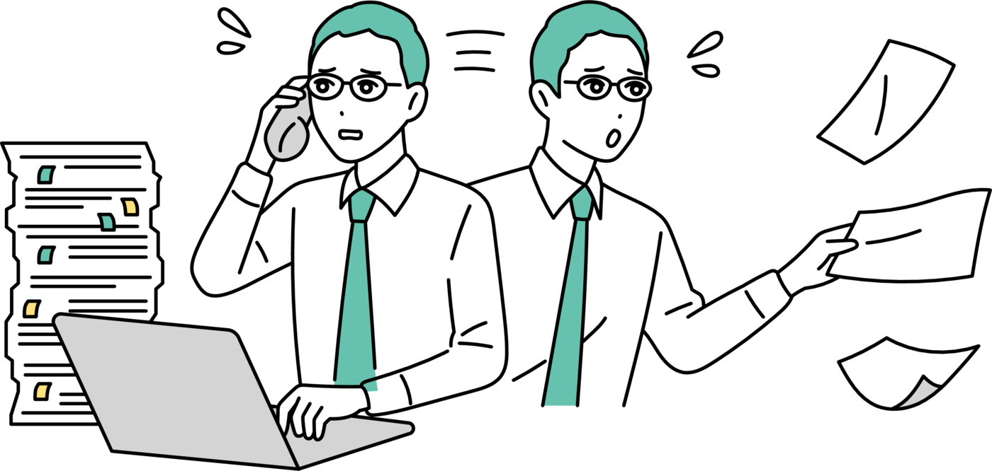 電話と書類の対応に追われる男性スタッフのイラスト