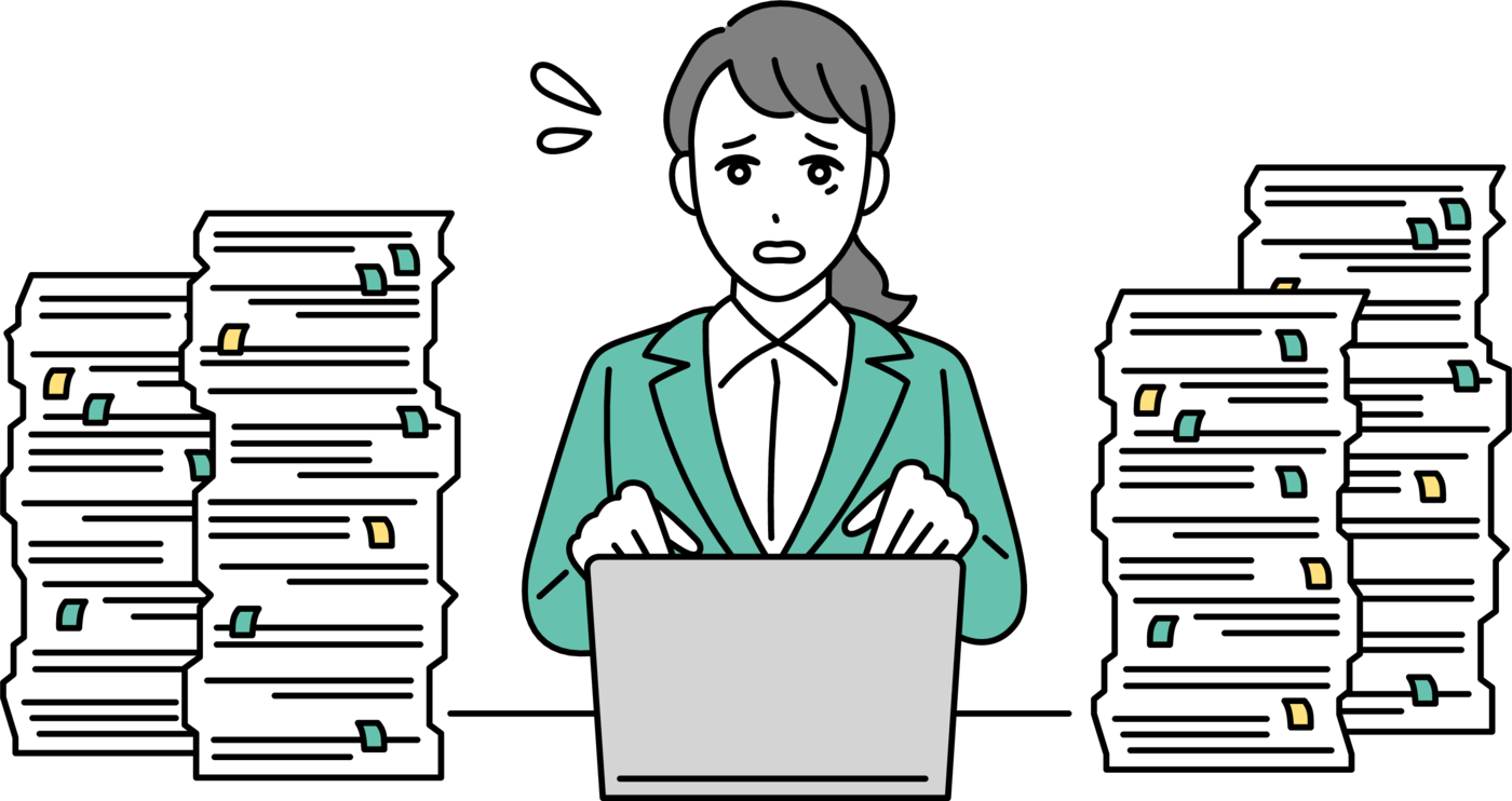 積み上がった書類に囲まれてパソコンに向かうスタッフのイラスト